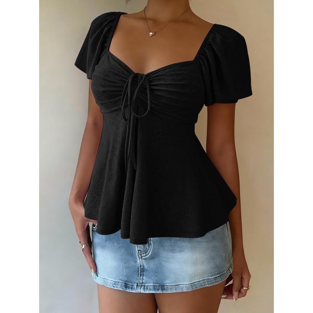 T-shirt da Donna Estiva a Maniche Corte, Scollo a V con Coulisse e Effetto Arricciato, Top Blusa Sexy Casual alla Moda per Tutti i Giorni