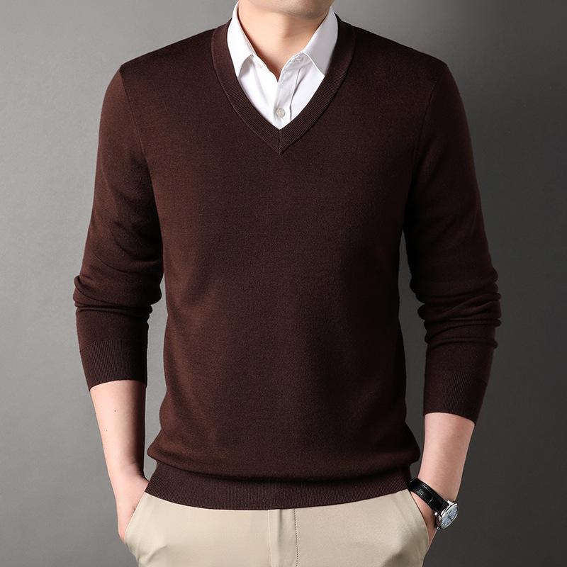 Men's V-Neck Solid Color Sweater - 100% Fine Wool, Thickened for Autumn/Winter, Long Sleeve Knitwear