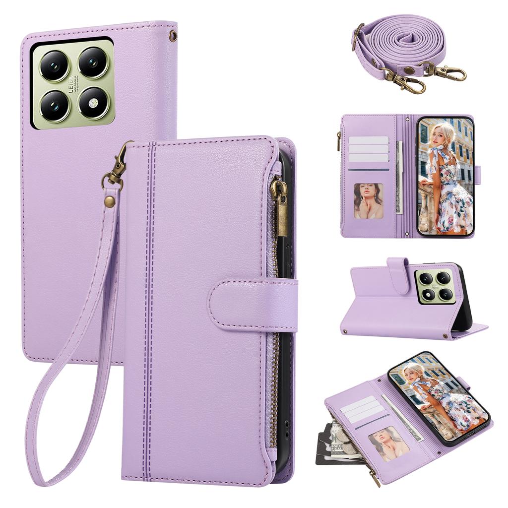 Husă pentru Xiaomi 14T Pro, Piele cu Fermoar, cu Sloturi Multiple pentru Carduri, Acoperire Telefon cu Curea de Umăr/Curea de Mână