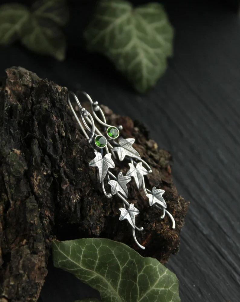 Vintage Ivy Elven Leaf Earrings For Women Silver Metal Crystal Earrings Female Fashion Custom Jewelry
