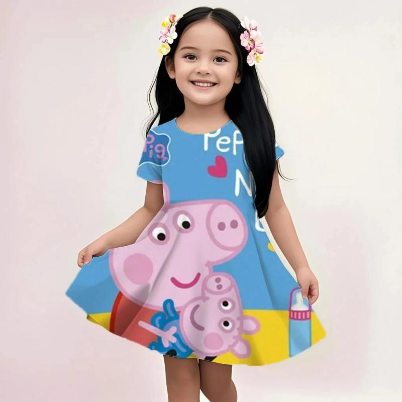 Summer Girls Soft Breathable Dress Peppa Pig Cute Cartoon Print Casual Loose Lightweight Beach Holiday Sundress 110