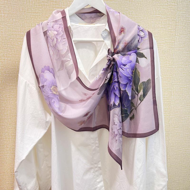 [Double Crepe Long Towel] Mulberry Silk Multifunctional Temperament Versatile Silk Sunscreen Women'S Silk Scarf Purple Peony