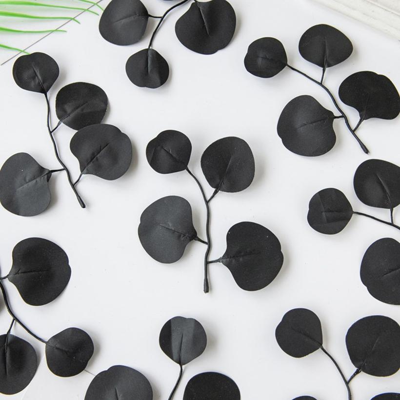 50/100 Stück Künstliche Pflanzen Eukalyptusblatt Grün Schwarze Blätter Festival Hochzeit Heimdeko DIY Zierblumentöpfe Zubehör