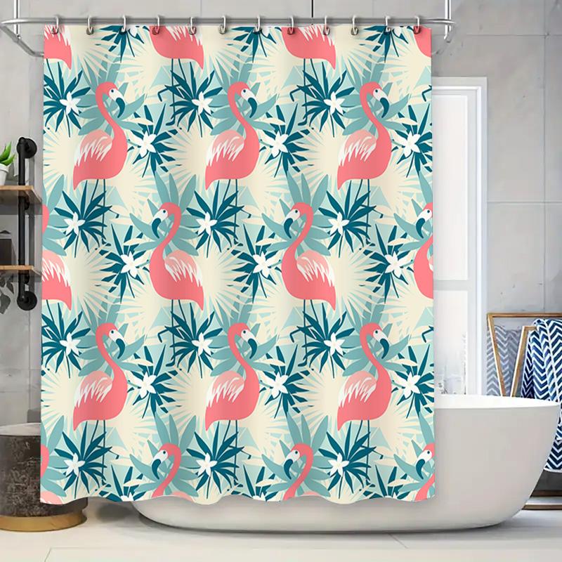 

12 Piece Set Shower Curtain Featuring Tropical Flamingos For Bathroom Decor Blue Flowers Palm Tree Pattern In Green, Turquoise P W60H190(CM)-1 Pcs
