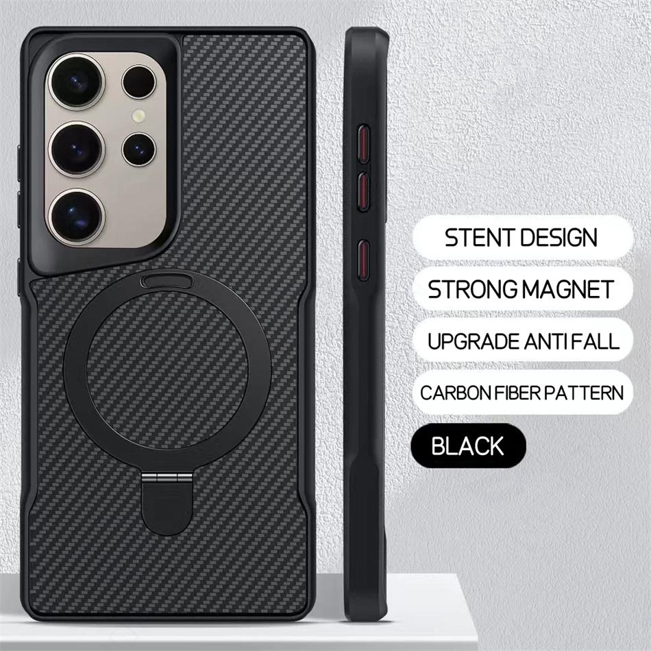 Desert Metal Holder Carbon Fibre Pattern Magnetic Case For Samsung Galaxy S2 Plus S22 S23 S24 Ultra G For Armor Cover