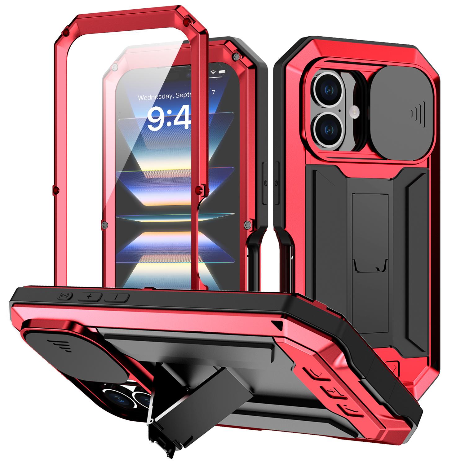 

R-JUST For iPhone 16 Kickstand Case Silicone+Metal+PC+Tempered Glass Screen Film Phone Cover Red