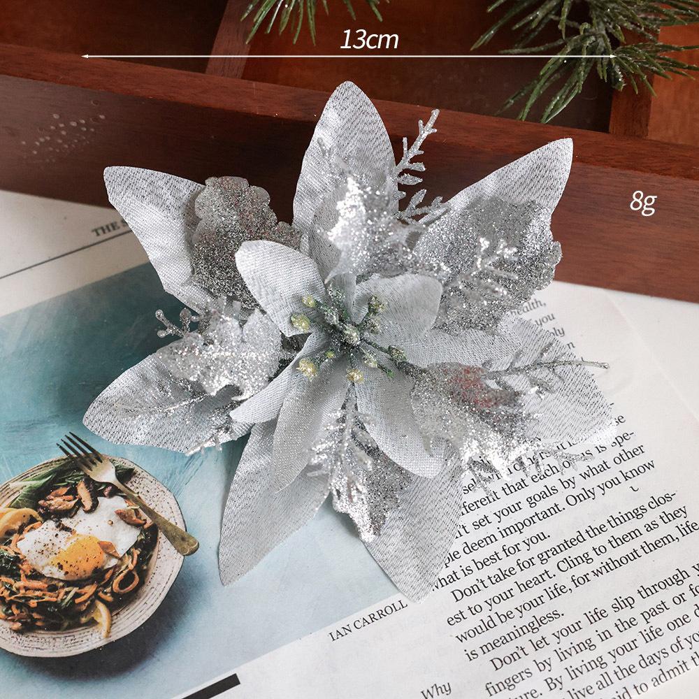 13cm Glitter Artifical Christmas Flowers Merry Christmas Tree Decoration Happy New Year Ornaments Xmas Fake Flowers Gifts