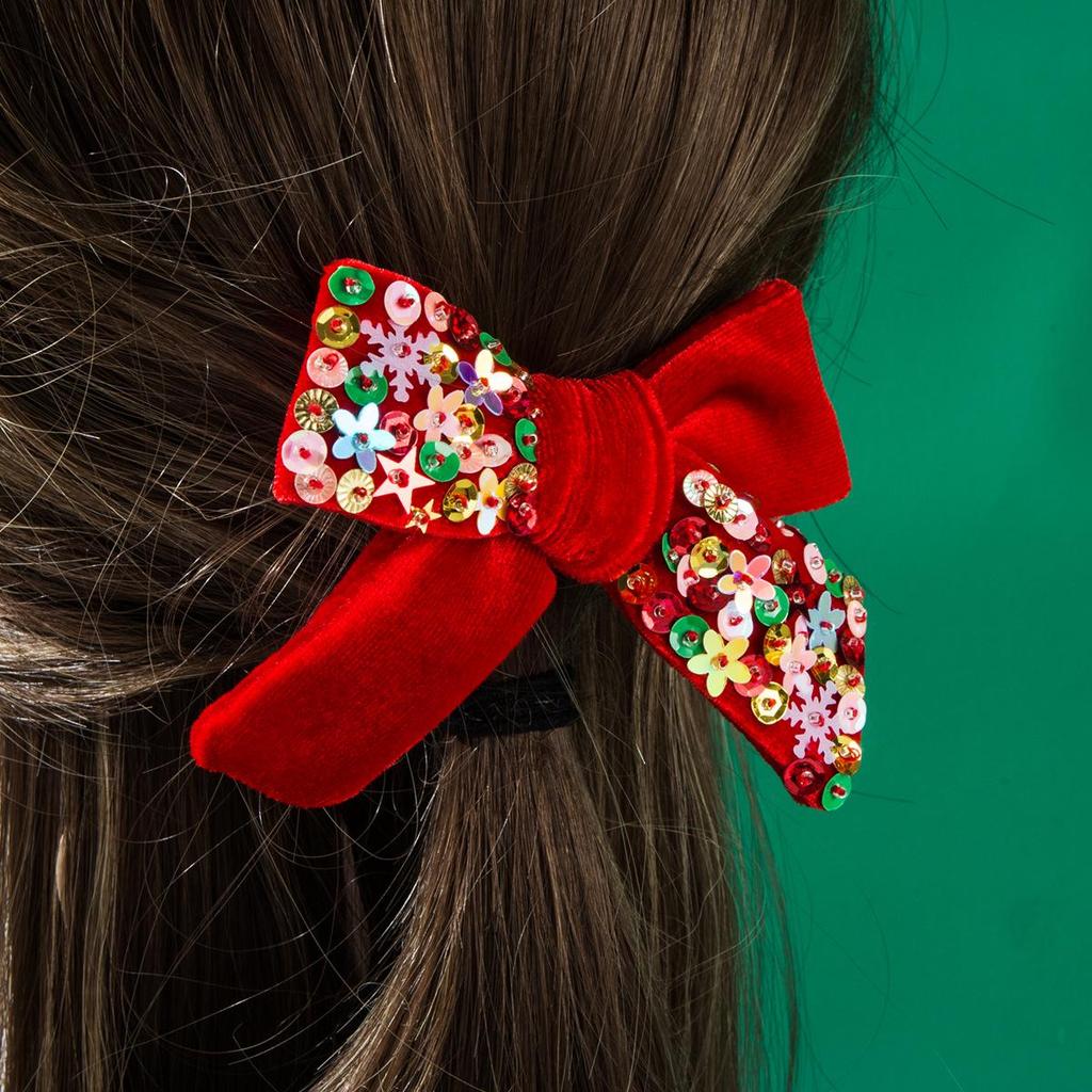 Fermaglio per capelli con fiocco di flanella natalizio con paillettes a stella e fiocco di neve – Dolce accessorio da festa cucito a mano