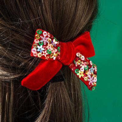 Fermaglio per capelli con fiocco di flanella natalizio con paillettes a stella e fiocco di neve – Dolce accessorio da festa cucito a mano