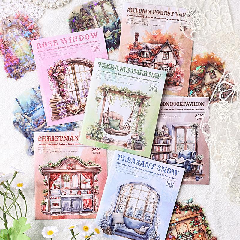10 pcs Vintage Window PET Stickers pack Creativity Adhesive Diy Hand Account Diary Album Scrapbooking material Craft Supplies