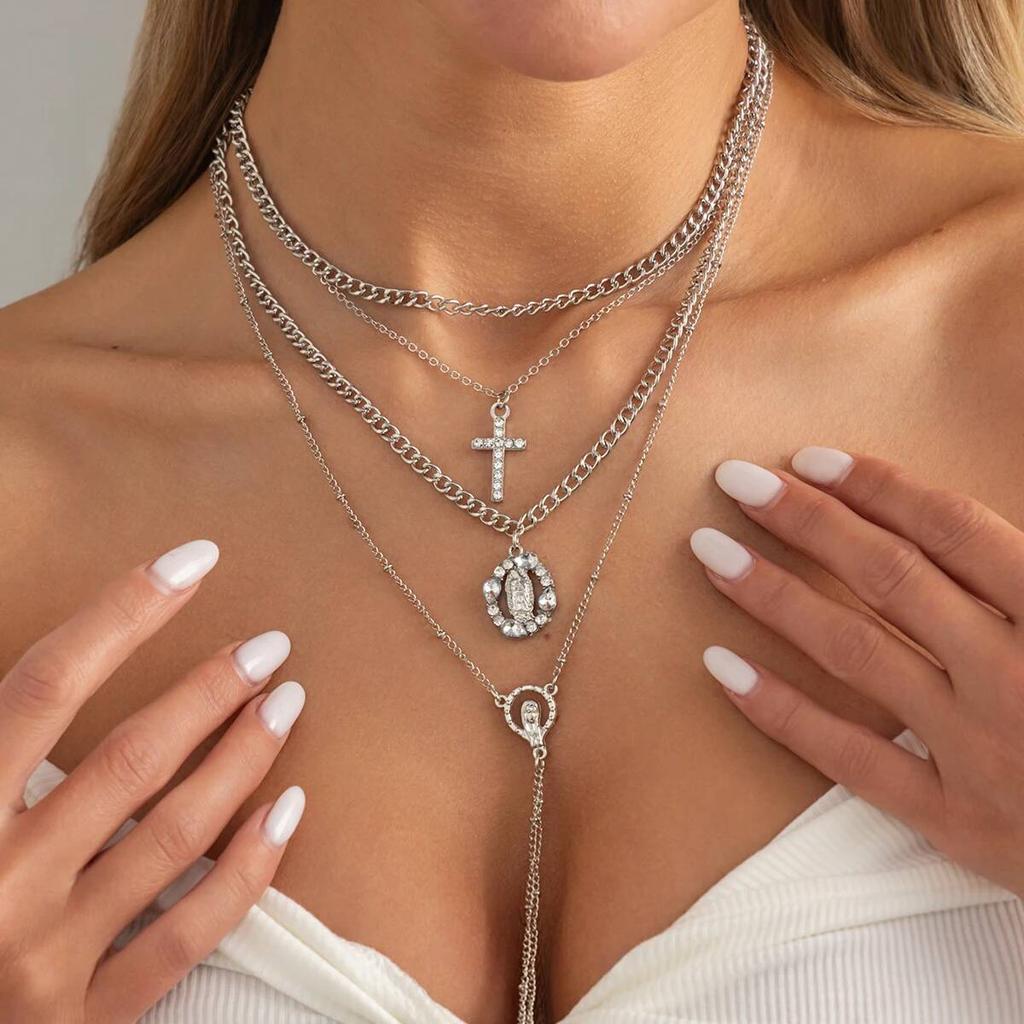 IngeSight.Z 3Pcs/Set Trendy Creative Y-Shaped Tassel Necklace Gold Color Cross Rhinestone Pendant Necklace Aesthetics Jewelry