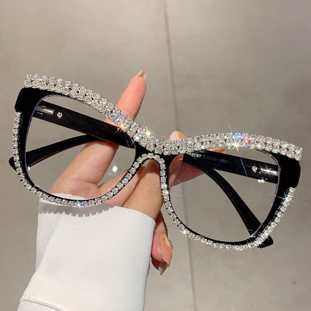 INS Rhinestone Glasses Luxury Large Frame Eyewear Comfortable To Wear Women Spectacles Selfie