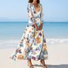 Women's Fashion V-Neck Floating Beach Dresses Seven Sleeve Floral Printed Dresses