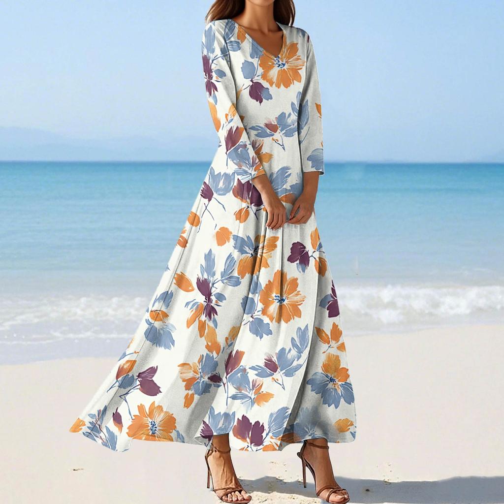 Women's Fashion V-Neck Floating Beach Dresses Seven Sleeve Floral Printed Dresses
