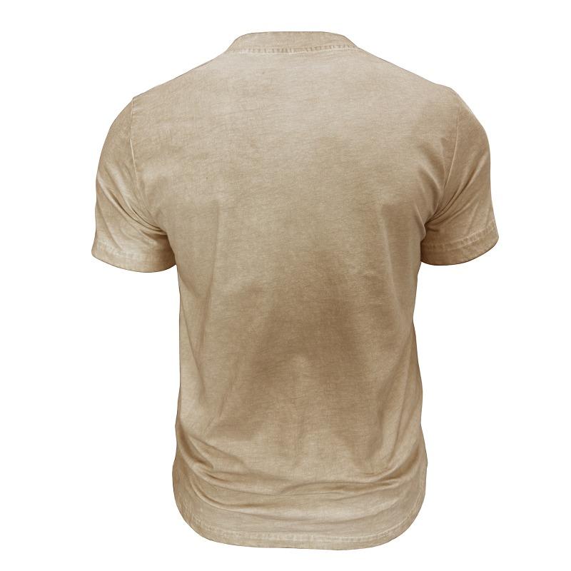 Men Black Washed Henley Neck Short Sleeve Chest Pocket Casual T Shirt