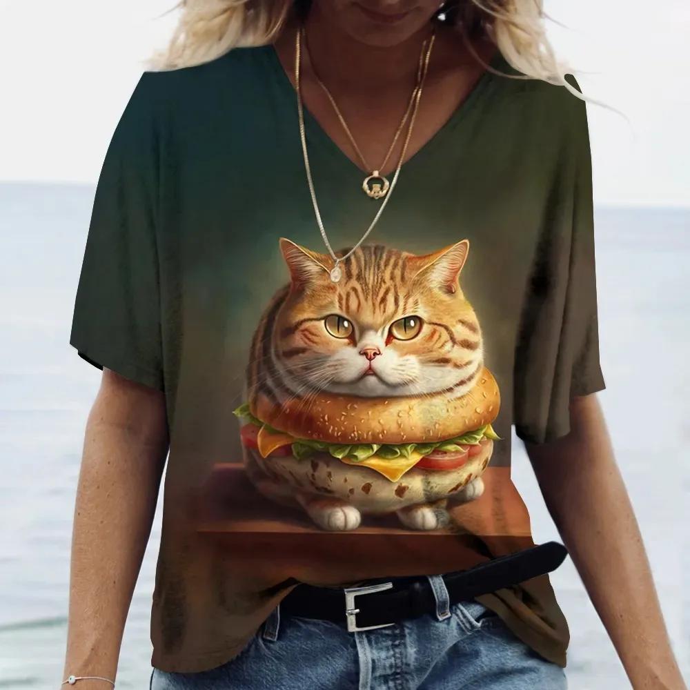 Fashion Women's T-shirt Cute Cat Printed Short Sleeve Female Oversized V-neck Tops Summer Breathable Loose Casual T-Shirts