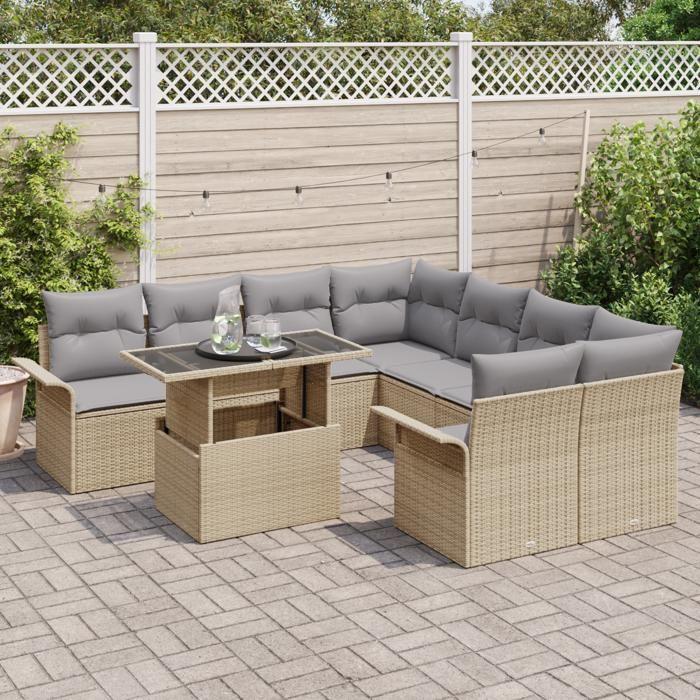 Ensemble de Canapé de Jardin vidaXL 9 Pièces avec Coussins Beige Rotin Poly, Canapé de Jardin 2 Places vidaXL avec Rangement 3356993