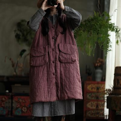 Vintage Women Coats Solid Color V-Neck Sleeveless Button Autumn Patchwork Pockets Coats