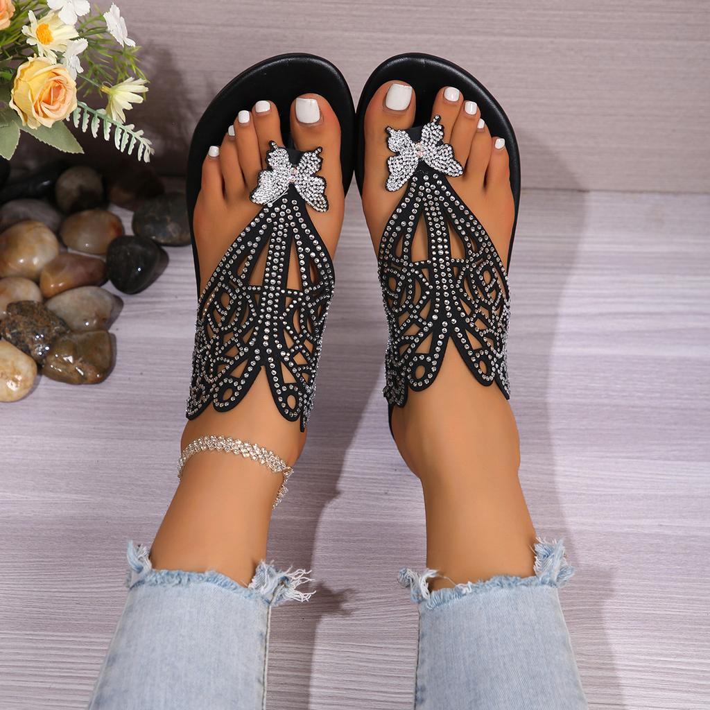 2025 New Toe Flat Bottom Fashion Slippers Women's Rhinestone Butterfly Beach Flip-flops Large Size Slippers