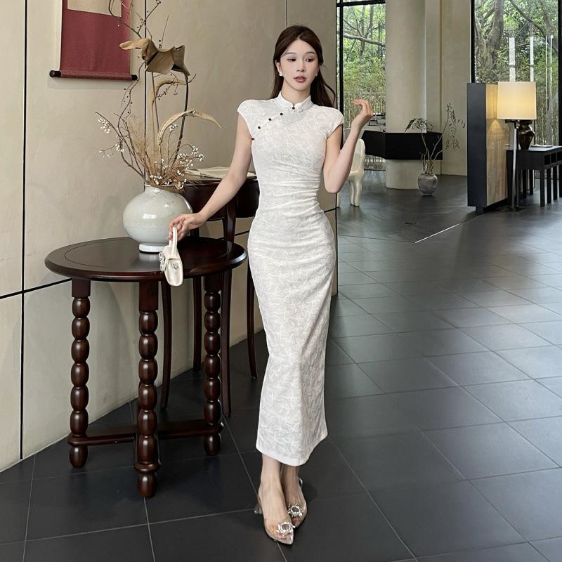 New Chinese Style Cheongsam Split-ended Dress Women's Ins Temperament Slim Summer New Short-sleeved Long Dress