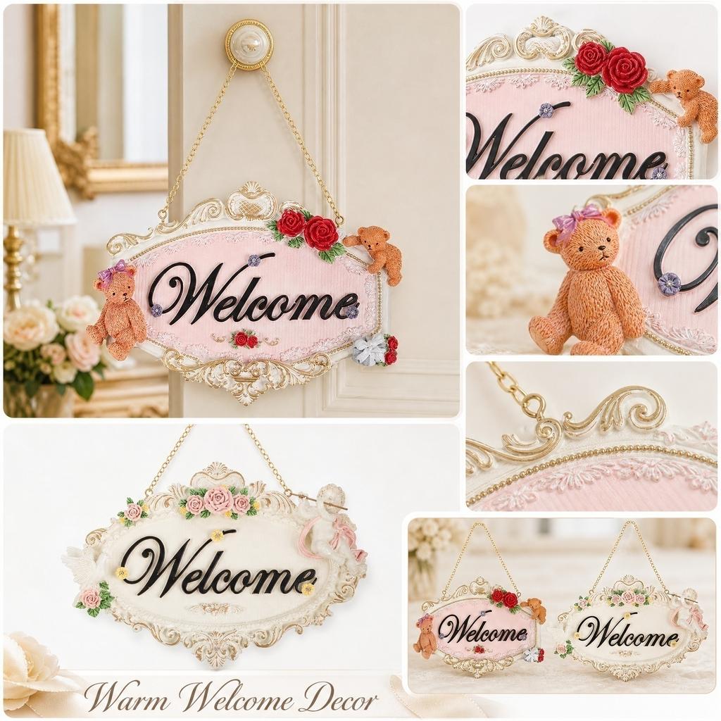 Decorative Hanging Welcome Sign Wall Plaque with Floral and Teddy Bear Accents for Home Entryway and Business Use Hanging Ornament