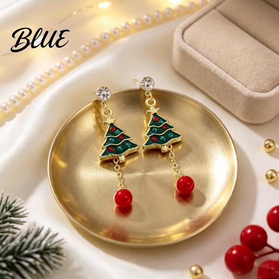 Winter Earrings 1 Pair Christmas Tree for Women, Colorful Rhinestone Shaped Women with Red Bead Charm, Holiday Jewelry Xmas Party Gold Tone Enamel