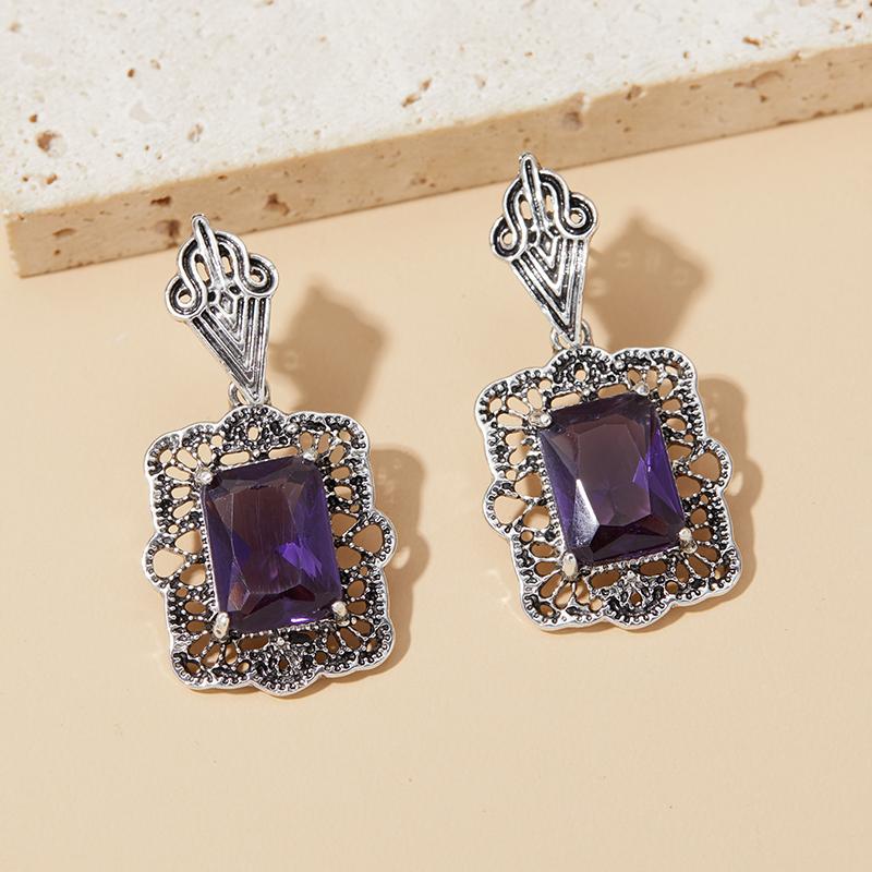 Palace Pattern Retro Women's Charm Purple Zircon Pendant Earrings Elegant Fashion Banquet Party Zircon Holiday Gift