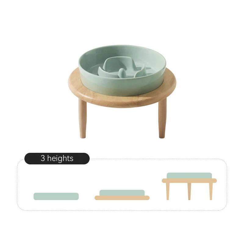 Small Dog Slow Feed Bowl Elevated Cat Drinking Eating Ceramic Bowls with Wooden Stand Pet Anti-Gulping Feeding Food Water Plate