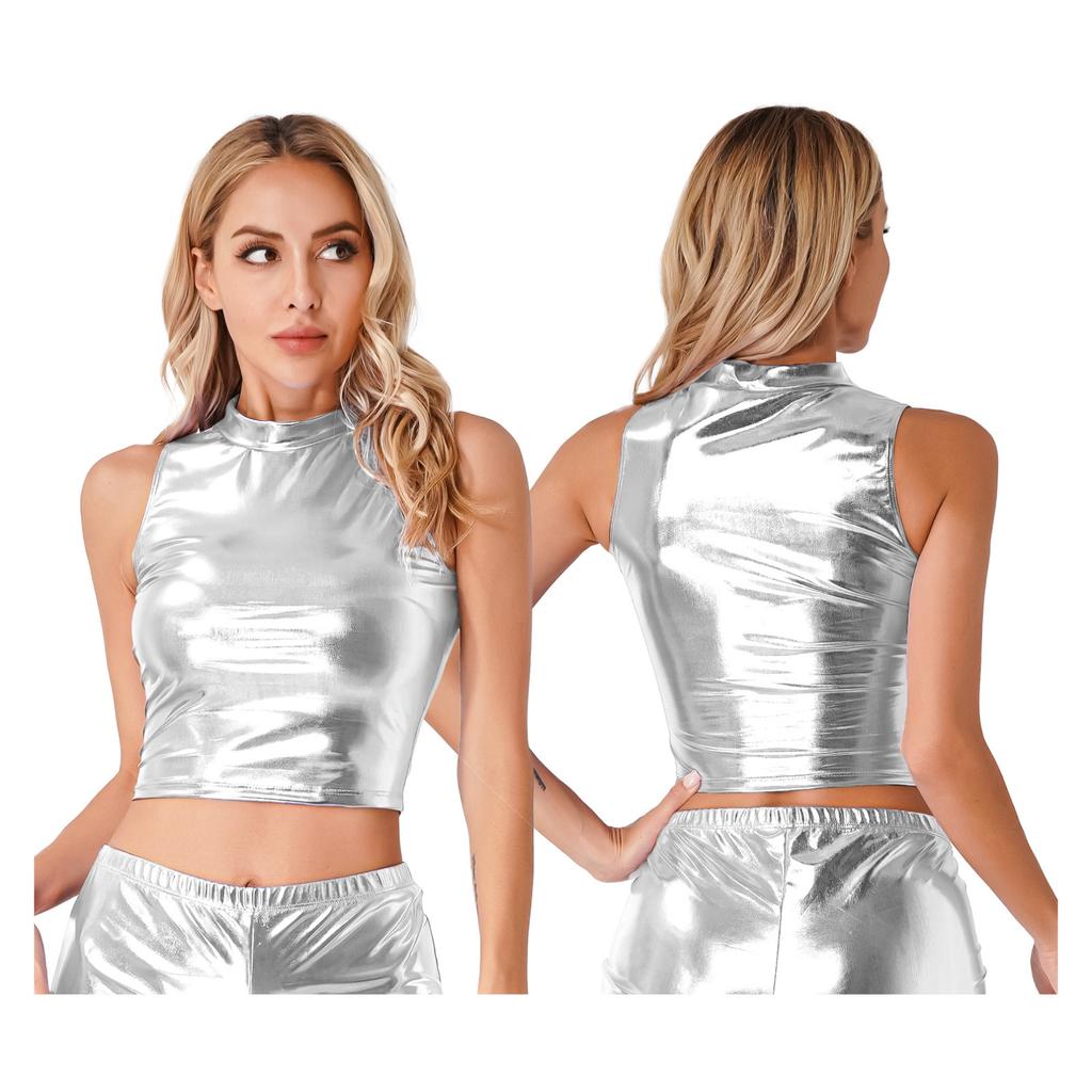 Women's Metallic Mock Neck Crop Top Faux Leather Vest Tops Glossy Rave Party Clubwear