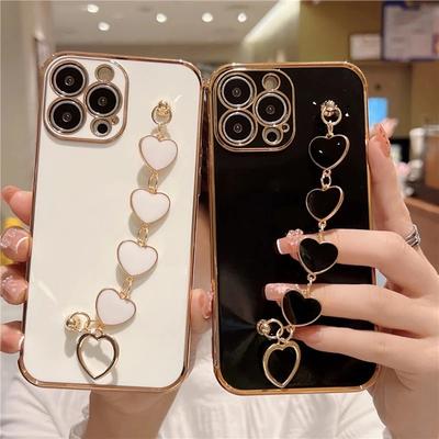 Electroplate Love Heart Bracelet Chain Case For IPhone 16 Pro Max 15 14 12 11 13 14 Plus 7 8 Plus Soft Silicone Shockproof Back Cover