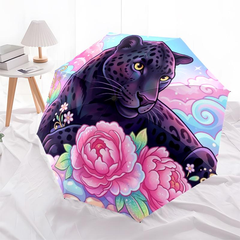 1pc Panther Flowers Umbrella Portable Folding Umbrella Durable Iron Frame, Suitable for All Seasons Home Travel Outdoor yy260319025