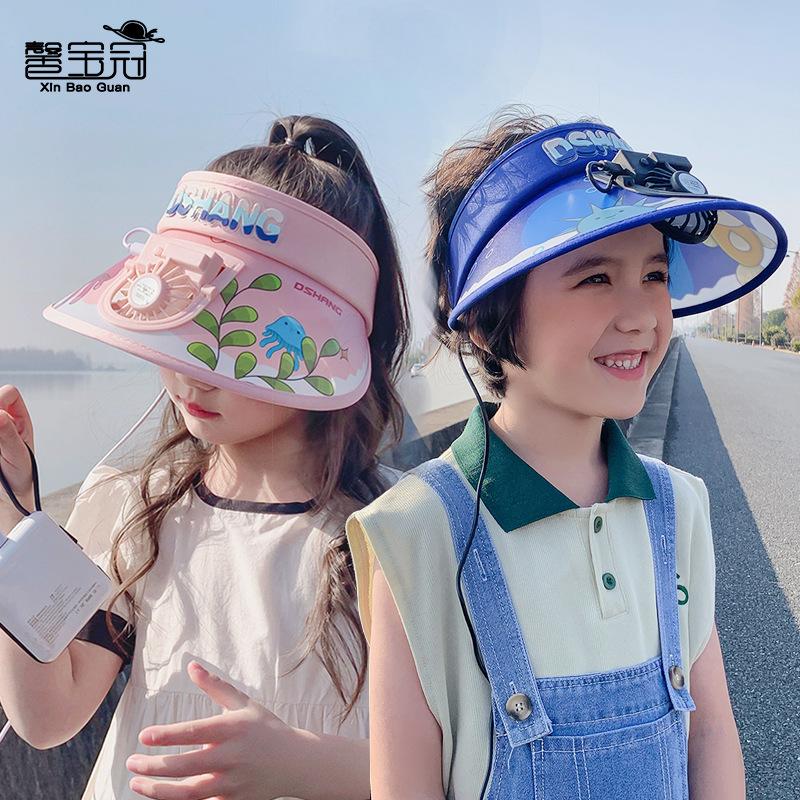 1102 Summer Children's Hats Boys and Girls Baby Cartoon Cute Sun Protection Visor Big Brim with Fan Empty Top Hat