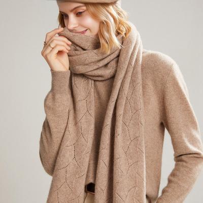 100% Wool Knitted Long Scarf For Women Winter Soft Warm Fashionable Stylish Two-In-One Scarf Shawls Hollow Out Wollen Neck Warm