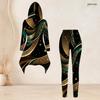 Women Plus Size Gray White Black Printed Hooded Long Sleeve High Low Top Fitted Pants Two Piece Set