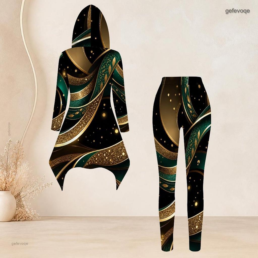 Women Plus Size Gray White Black Printed Hooded Long Sleeve High Low Top Fitted Pants Two Piece Set
