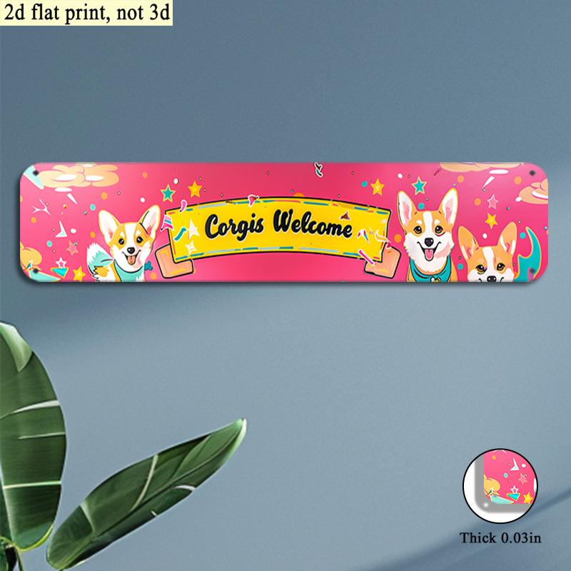 2D Flat, 2D Flat - 1pc 2D Flat Corgi Welcome Sign | Cute Corgi Dog with Hearts And Paw Prints In Pink And Golden - 10.16X40.64cm Long Narrow Door Deco
