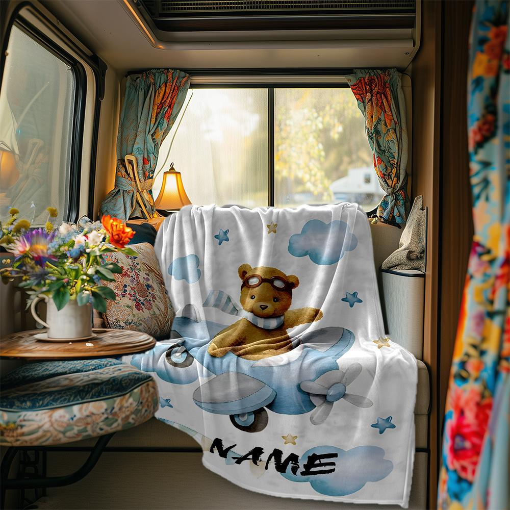 Teddy Bear Flying Blue Airplane With Clouds And Stars Blanketcustomizable With Your Namecomfortable And Stylish Perfect For Travel Beds Chairs Offices