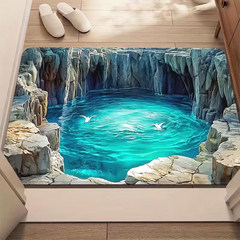 2D Visual Cave Pool Door Mat Realistic Cave Scenery Entrance Rug Soft Non-Slip Home Decor Carpet for Hallway Living Room