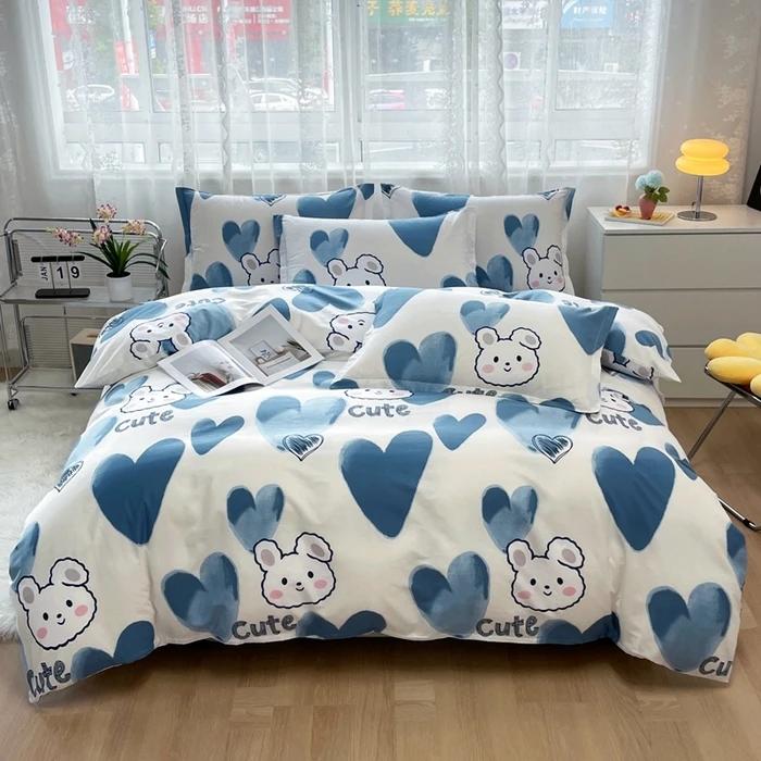Cute Bear 100% Cotton Duvet Cover Cartoon Theme Bedding Set Kawaii Animal Comforter Cover Heart Print Bed Sets with 2 Pillowcase