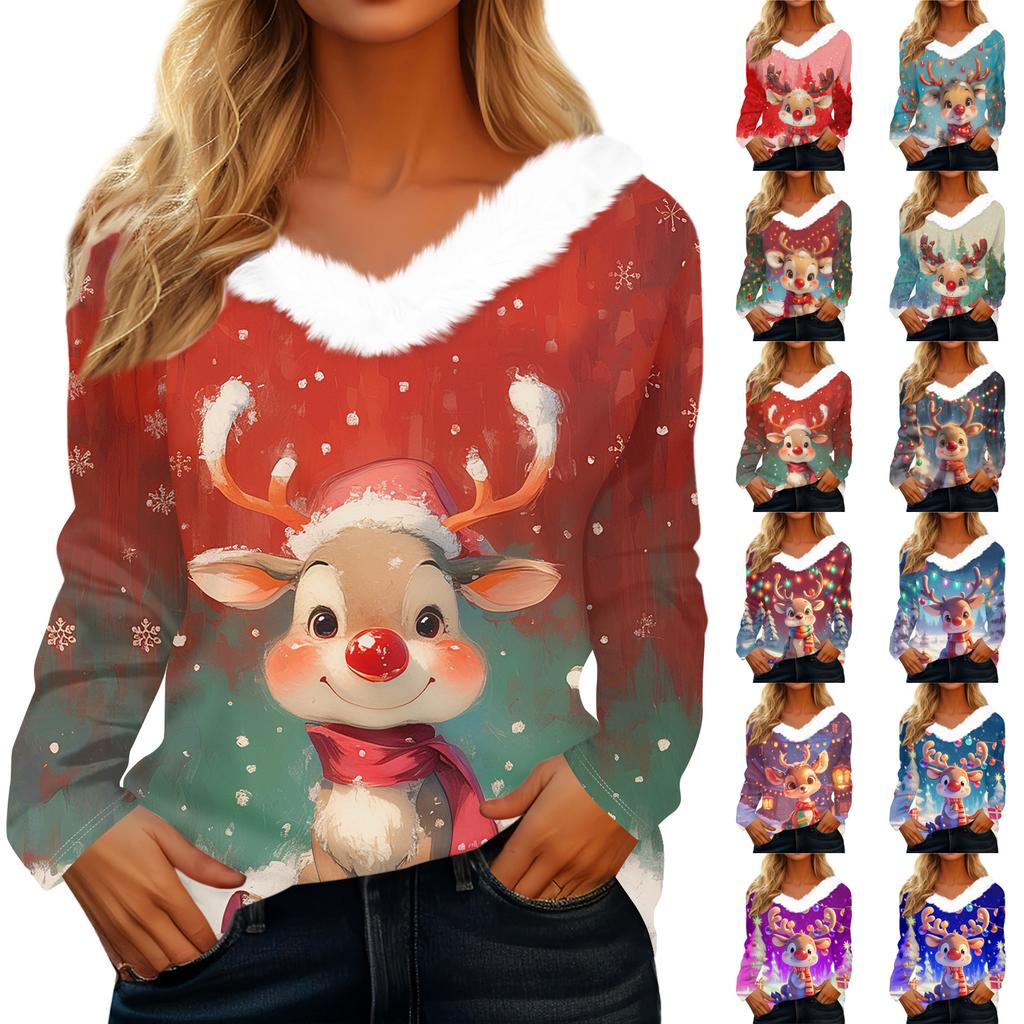 Women's Christmas Printed Long Sleeved Party Plush Neck V-neck Top