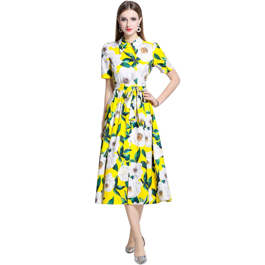 Summer Women Designer Print Runway Dress Elegant Turn-down Collar Office Work Midi Lace-up Shirt Dresses