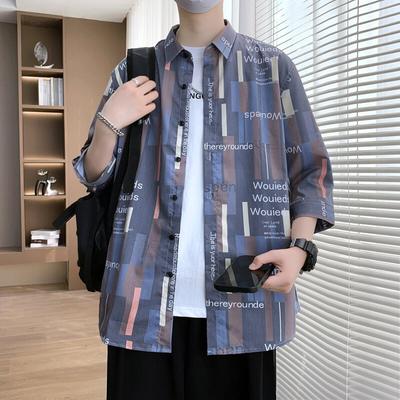 7-quarter Sleeve Shirt Men's Short-sleeved Casual Loose Summer Thin Half-sleeved Striped Shirt Trendy Handsome Mid-sleeved Inch