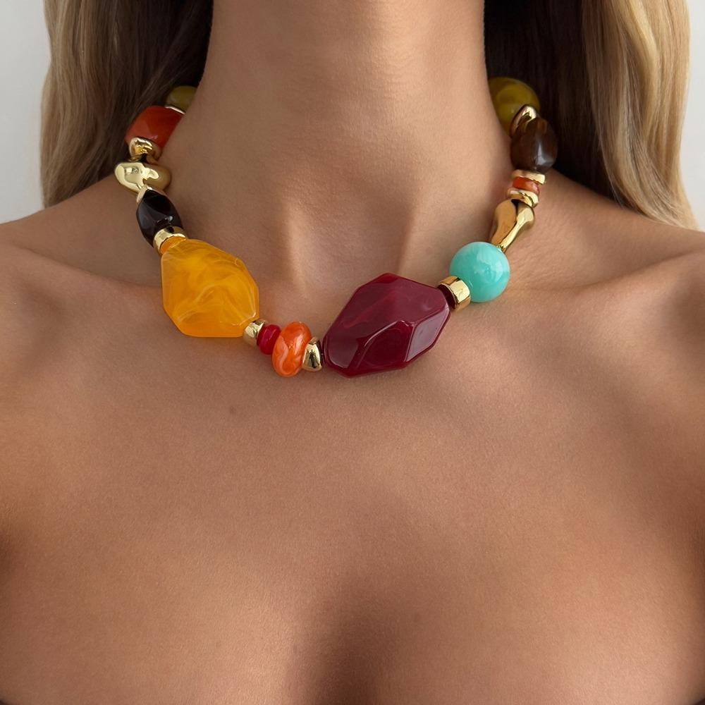 Irregular Shape Resin Beaded Necklace Maillard Style Colorful Resin Necklace Gift Giving