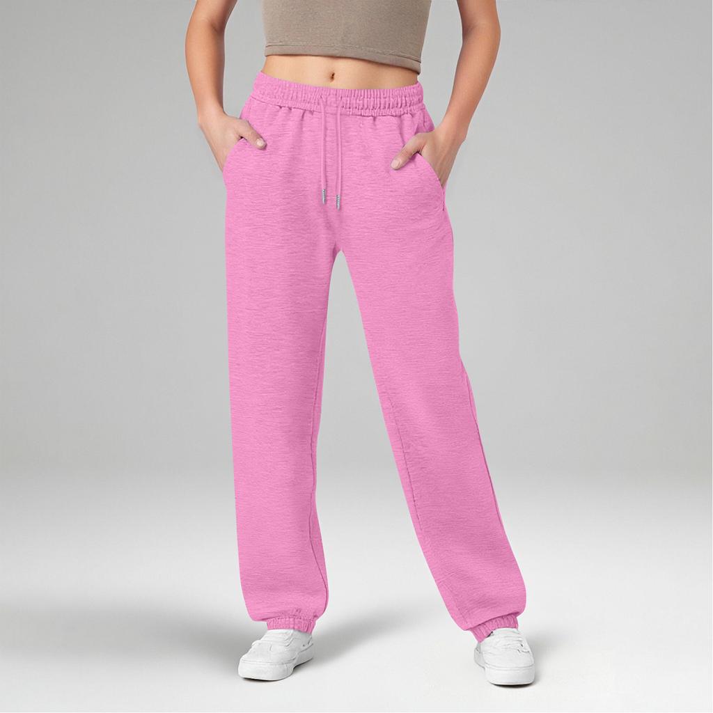 Women's Wide Leg Sports Pants Yoga Straight Mid-Rise Drawstring Elastic Low-Waist Clothing With Pockets