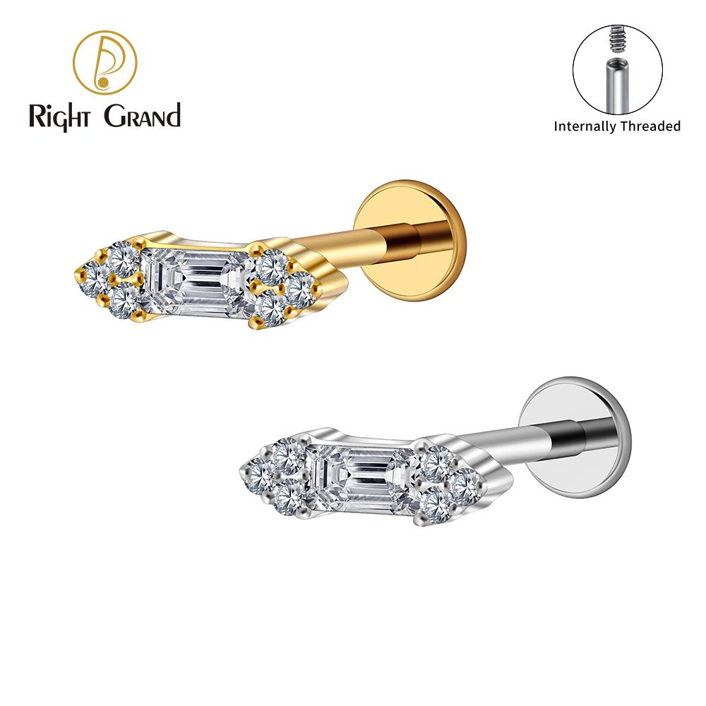 Right Grand ASTM F136 Titanium 16G Baguette CZ Stud Earring Cluster CZ Cartilage Tragus Helix Labret Nose Stud Piercing Jewelry