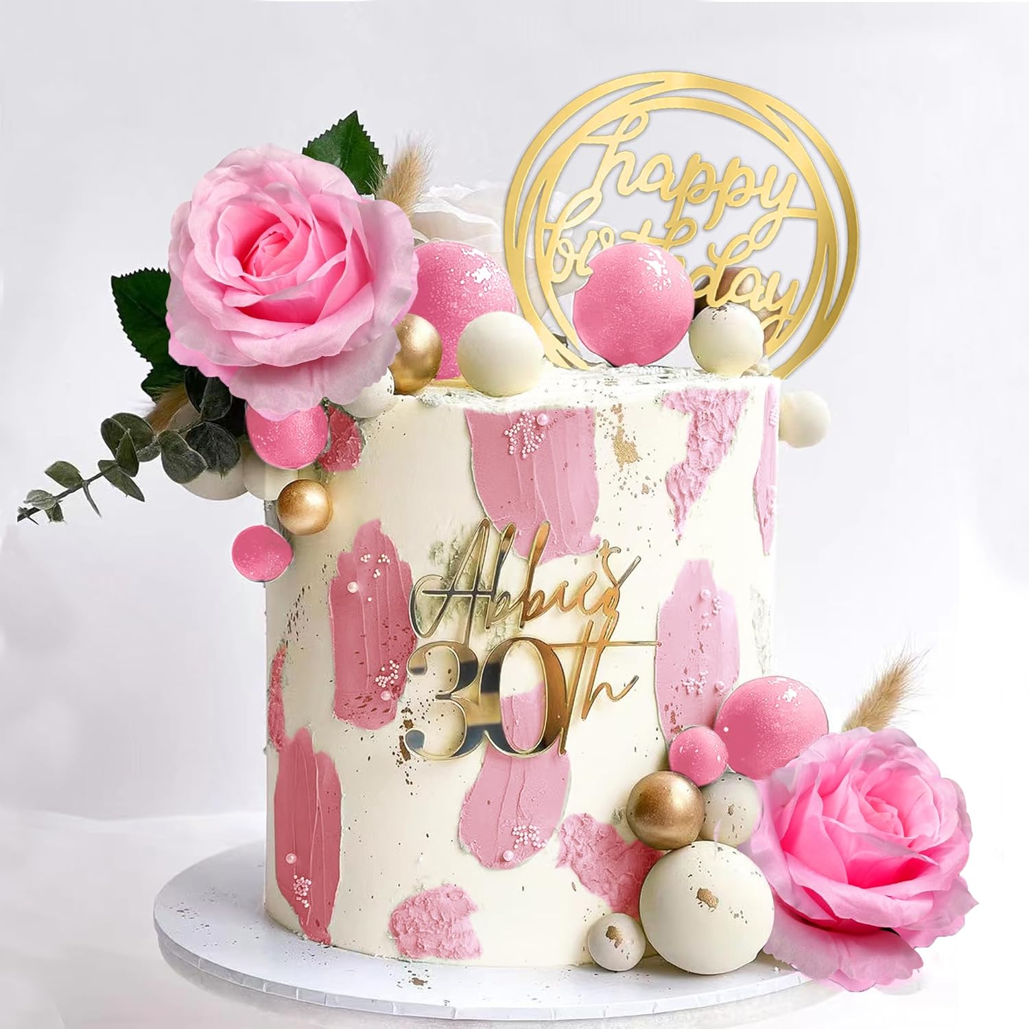 

Pink Balls Cake Topper Pink Flower Golden White Balls for Birthday Wedding Baby Shower Birthday Boho Themed Party Suppies розовый