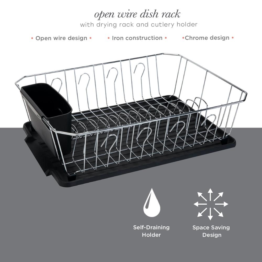Chrome Dish Rack Set 3 Piece Iron Construction Rust Resistant Dish Drainer with Cutlery Basket and Water Catching Tray