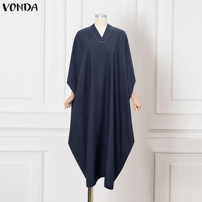 VONDA Oversized Women Casual V Neck Batwing Sleeve Loose Long Sleeve Maxi Dress M