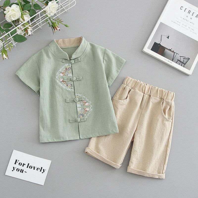 Completo Estivo da Ragazzo a Maniche Corte Stile Cinese per Bambini Hanbok Bello Completo Tang Cotone Lino Sezione Sottile di Abbigliamento Antico