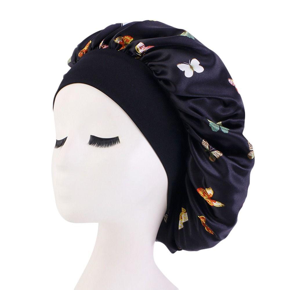 

Wide Brim Sleeping Cap Butterfly Print Make-up Cap Fashion Night Cap for Women чорний